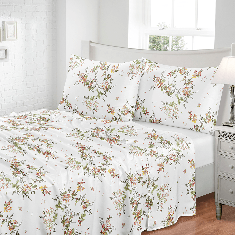 Jogo de Cama Casal 3Pçs Jolitex Estampado Toque Seda 300 fio - Floral Branco