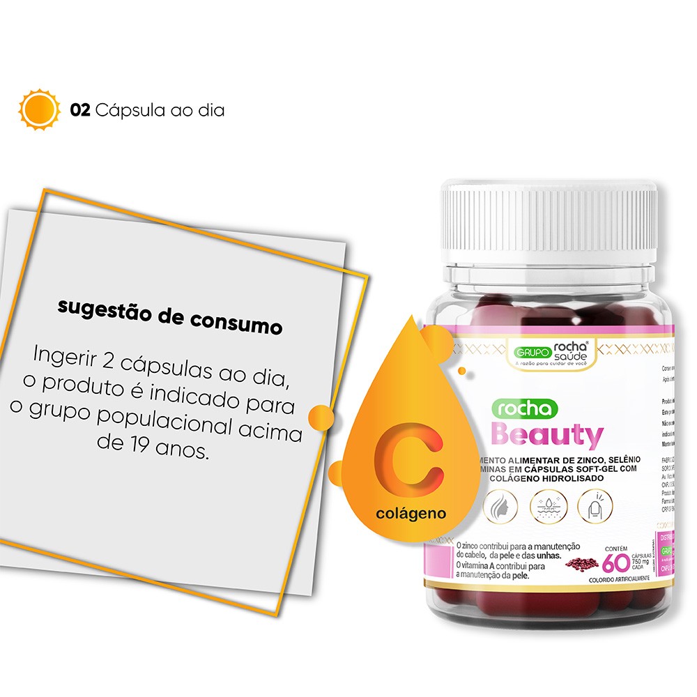 Colágeno Hidrolisado, Selênio, Vitaminas A, C, E e Zinco - Rocha Beauty - 60 Cápsulas