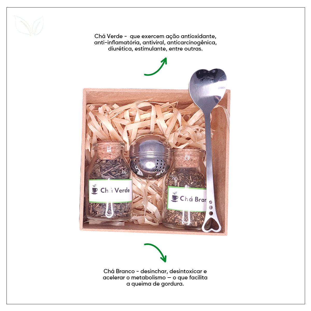 Kit de Chá Energia com Colher, Infusor Inox e Caixa de Madeira