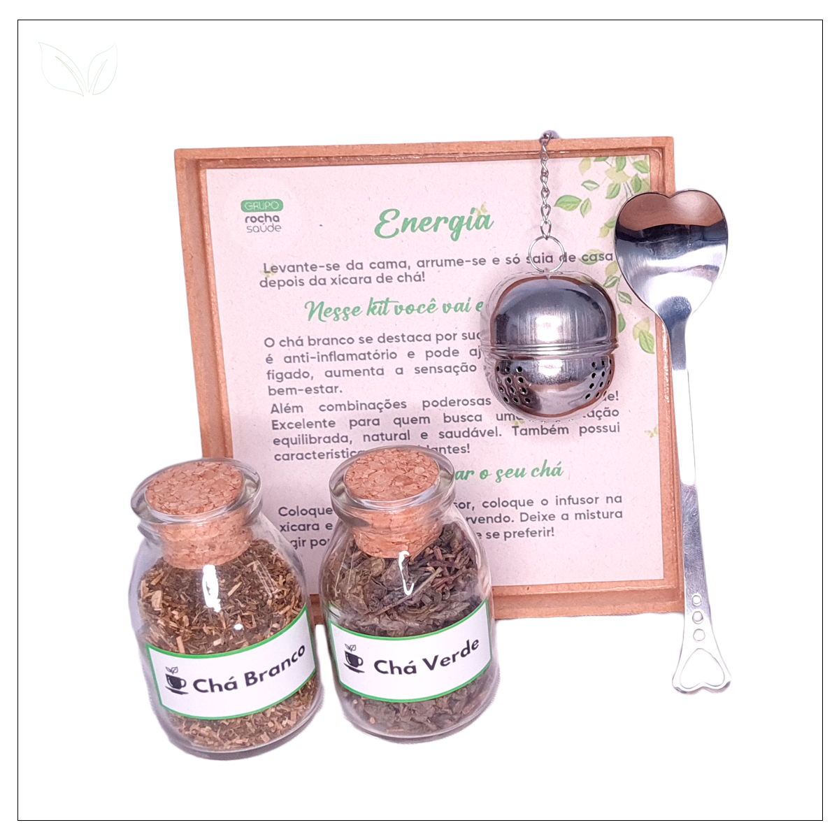 Kit de Chá Energia com Colher, Infusor Inox e Caixa de Madeira