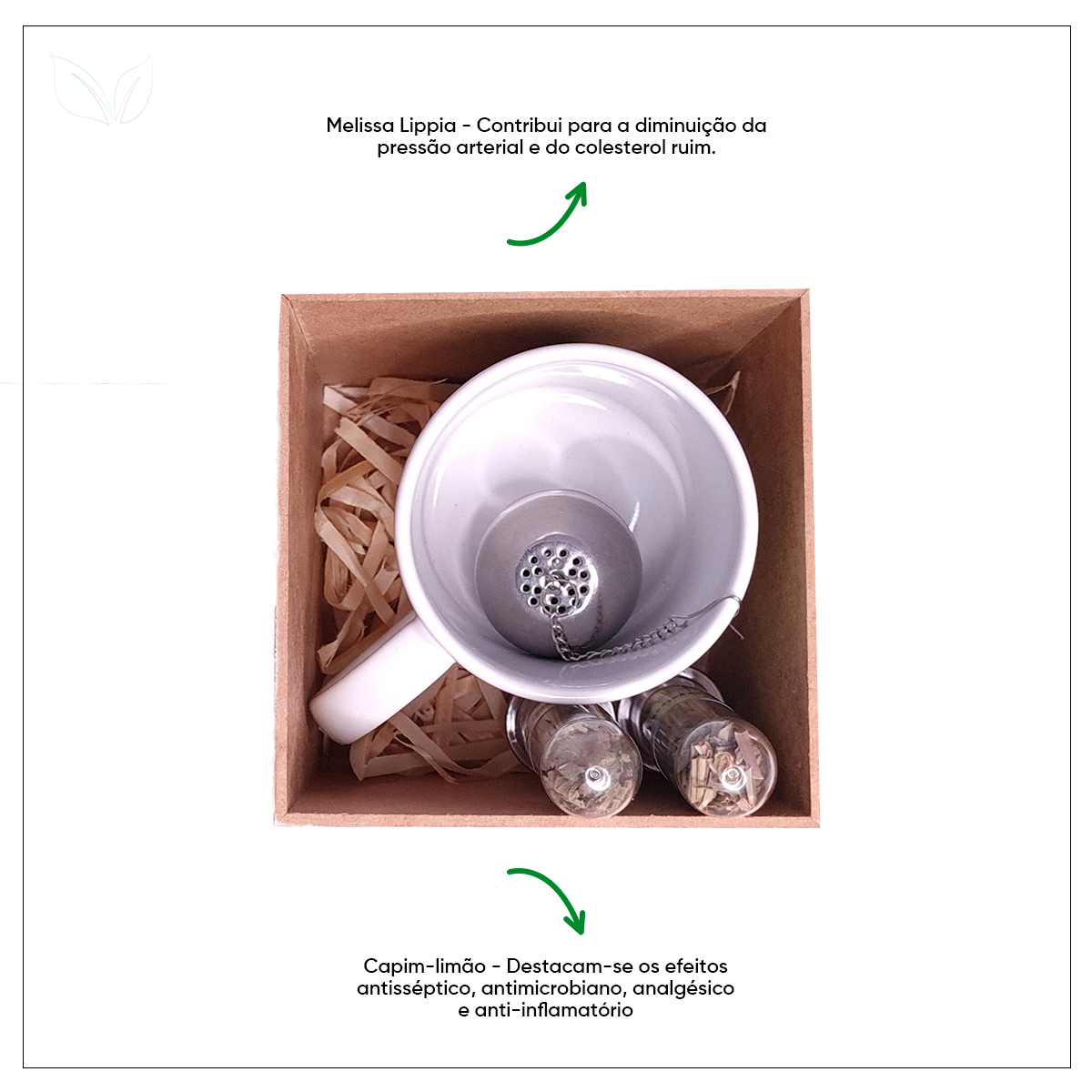 Kit de Chá Paz e Conforto com Caneca Personalizada, Infusor Inox e Caixa de Madeira