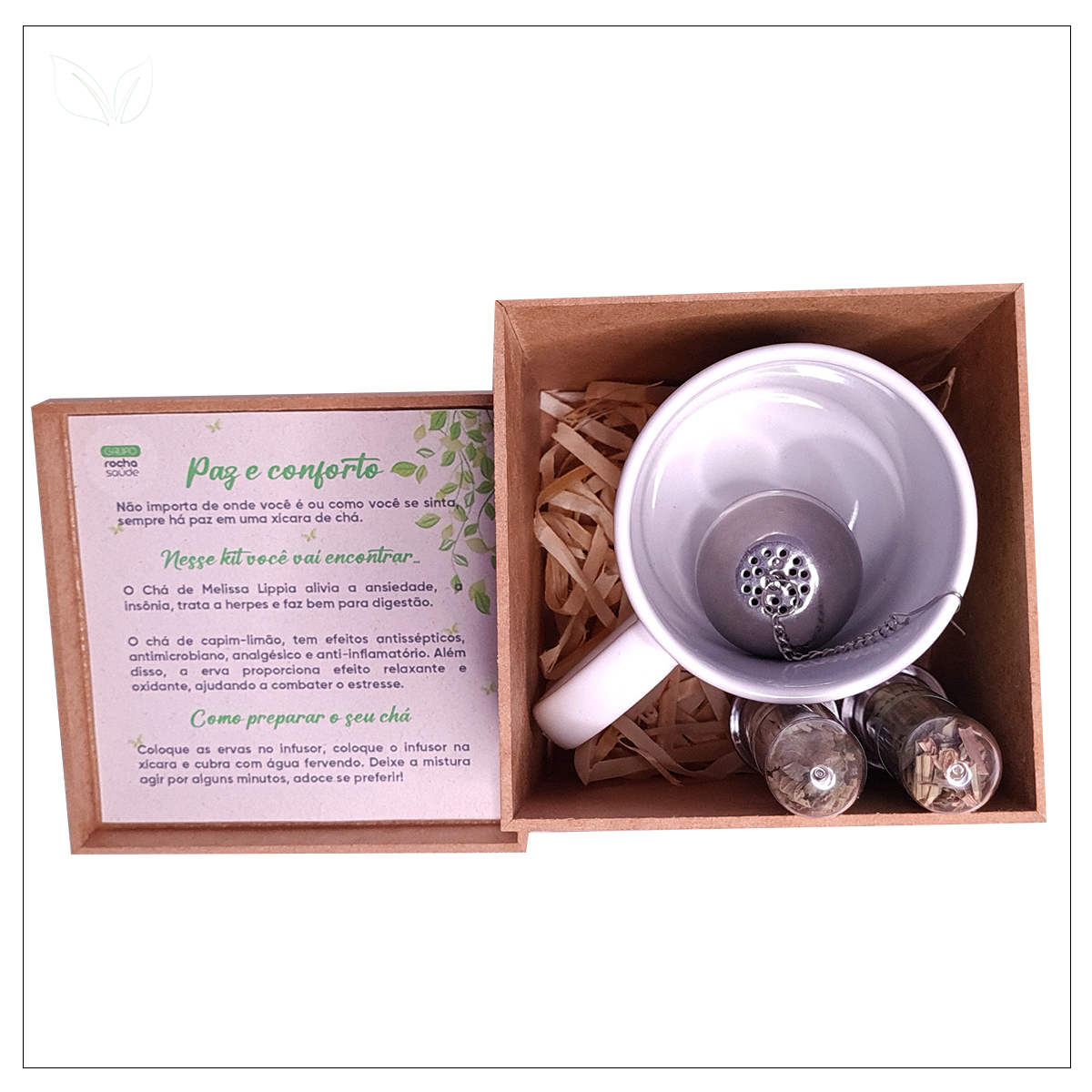 Kit de Chá Paz e Conforto com Caneca Personalizada, Infusor Inox e Caixa de Madeira