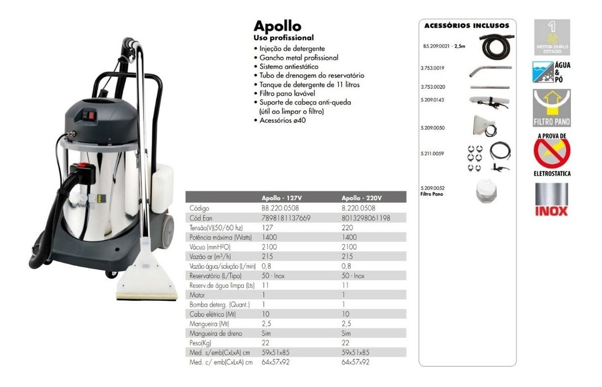 Extratora Lavadora de Carpetes 50 Litros Apollo Lavor 1400W 