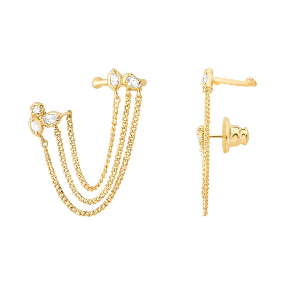 Brinco Ear Line Correntes e Zircônias Crystal Layers Folheado a