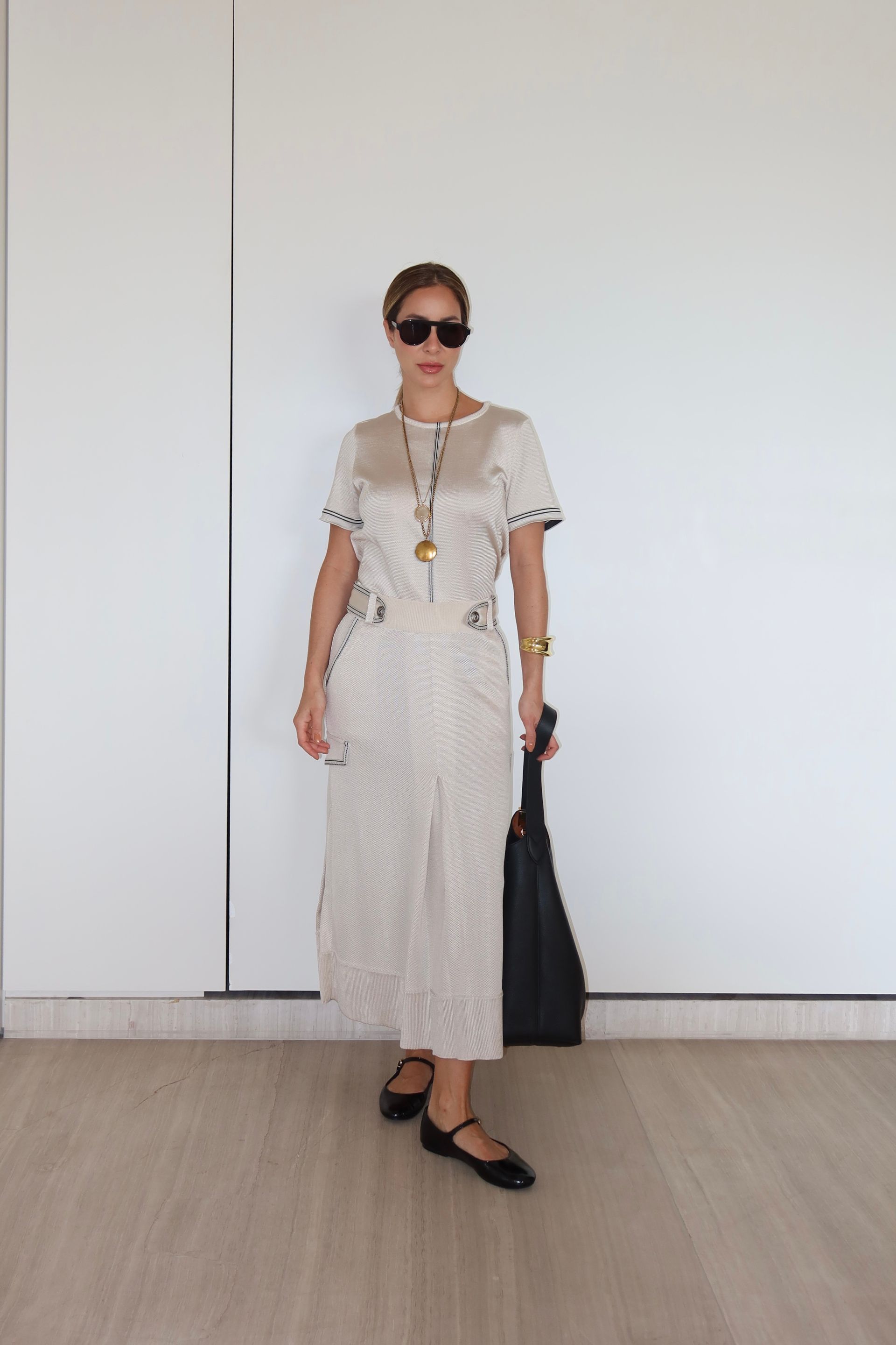 Saia midi alfaiataria tricot detalhada Cris - Champagne