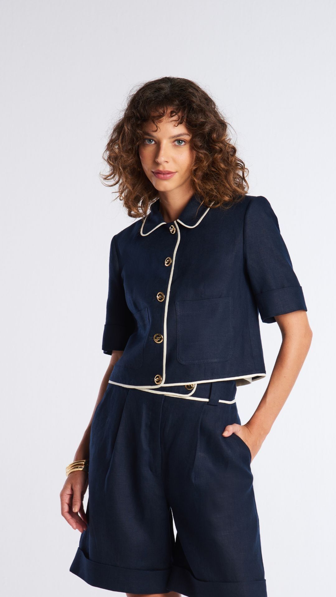 Casaqueto com bolso linho Nicky - Navy e Champagne