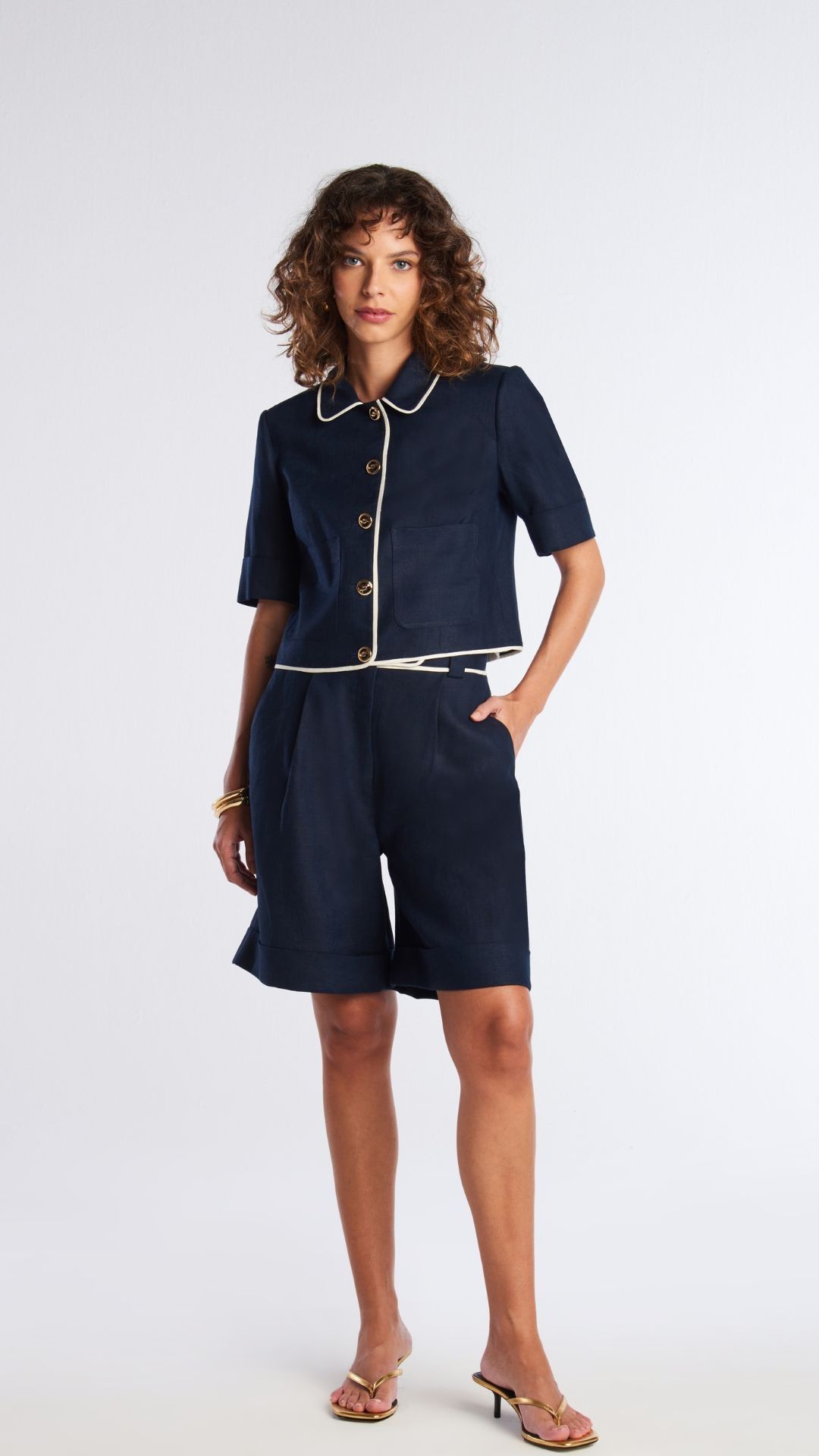 Casaqueto com bolso linho Nicky - Navy e Champagne