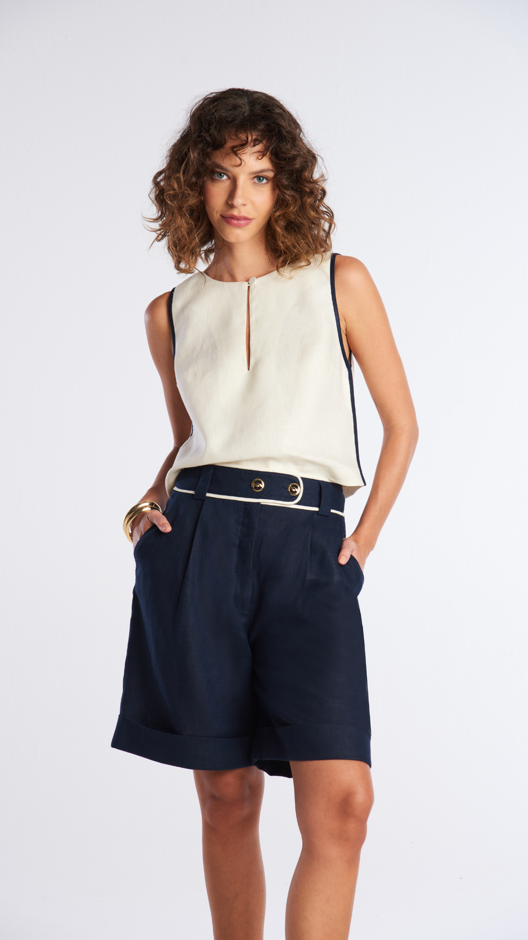Regata de linho Margot - Champagne e Navy