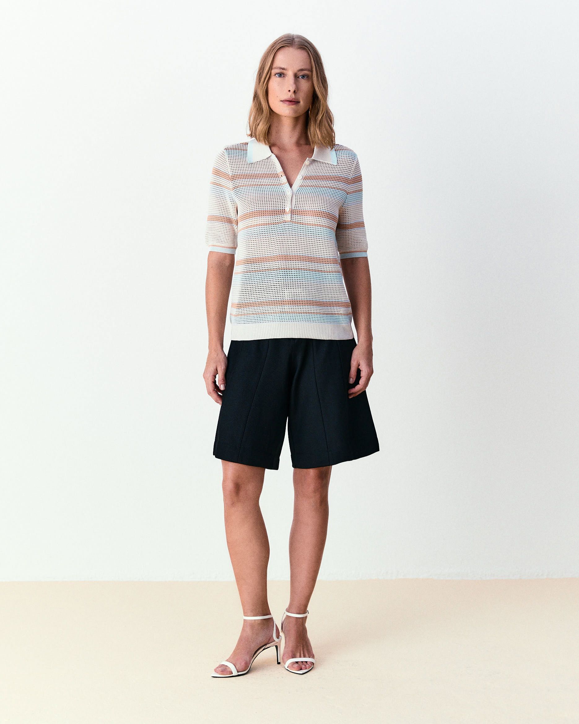 Blusa listrada gola polo Camila - Champagne 