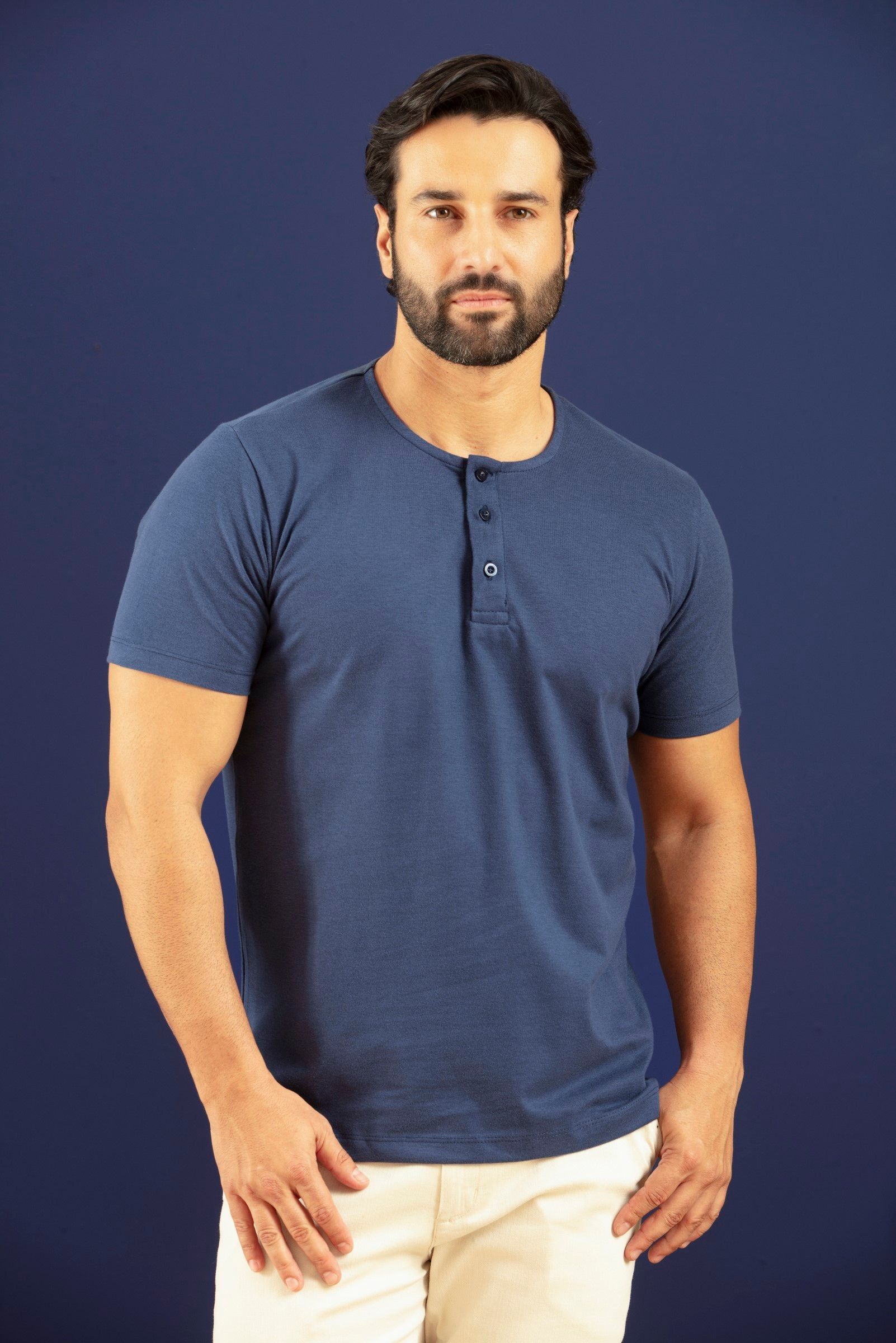 Camiseta Henley Marinho Manga Curta - Sixtini Camisaria