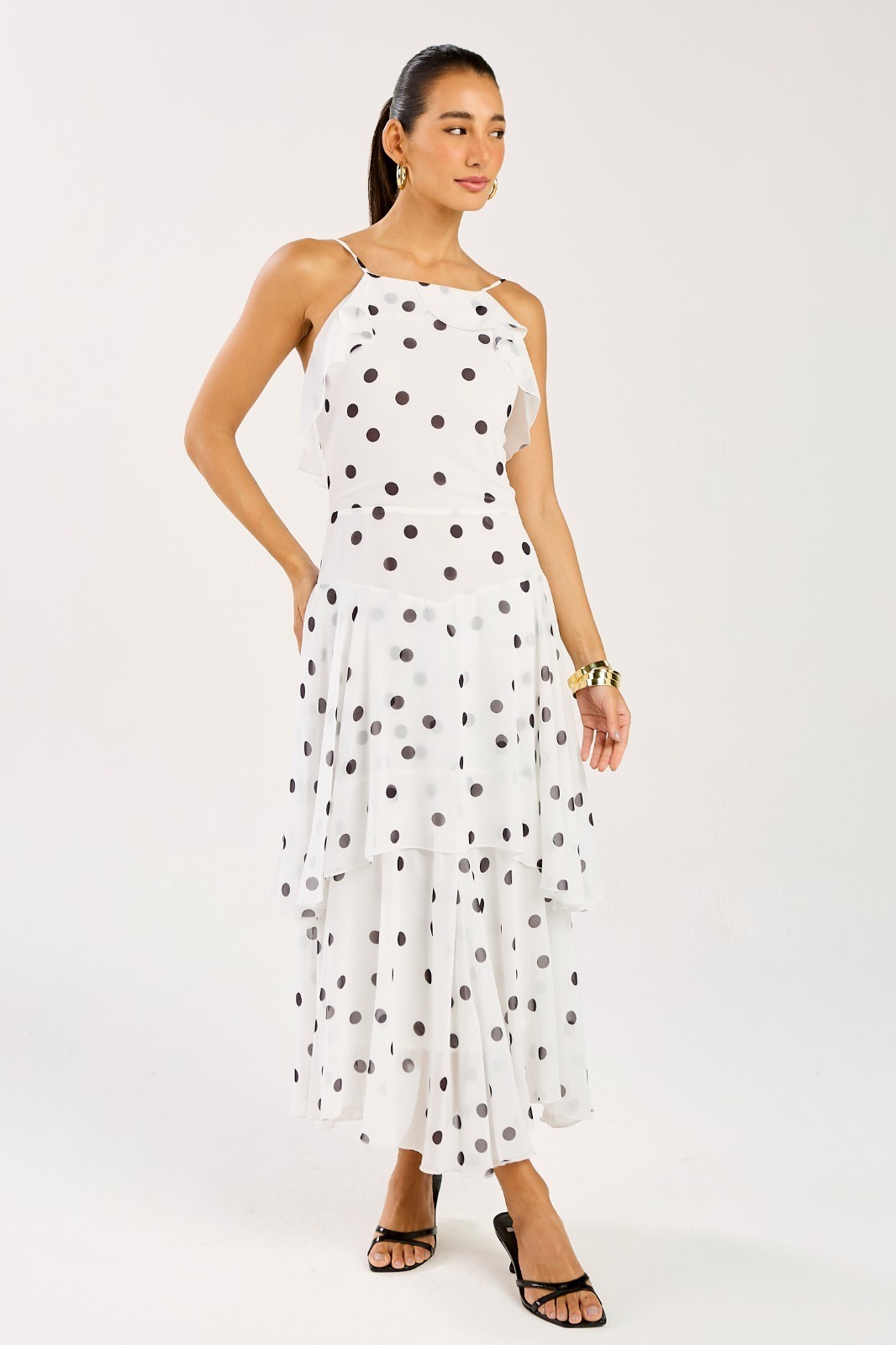 Vestido Midi Babados Estampa Poá Mavie