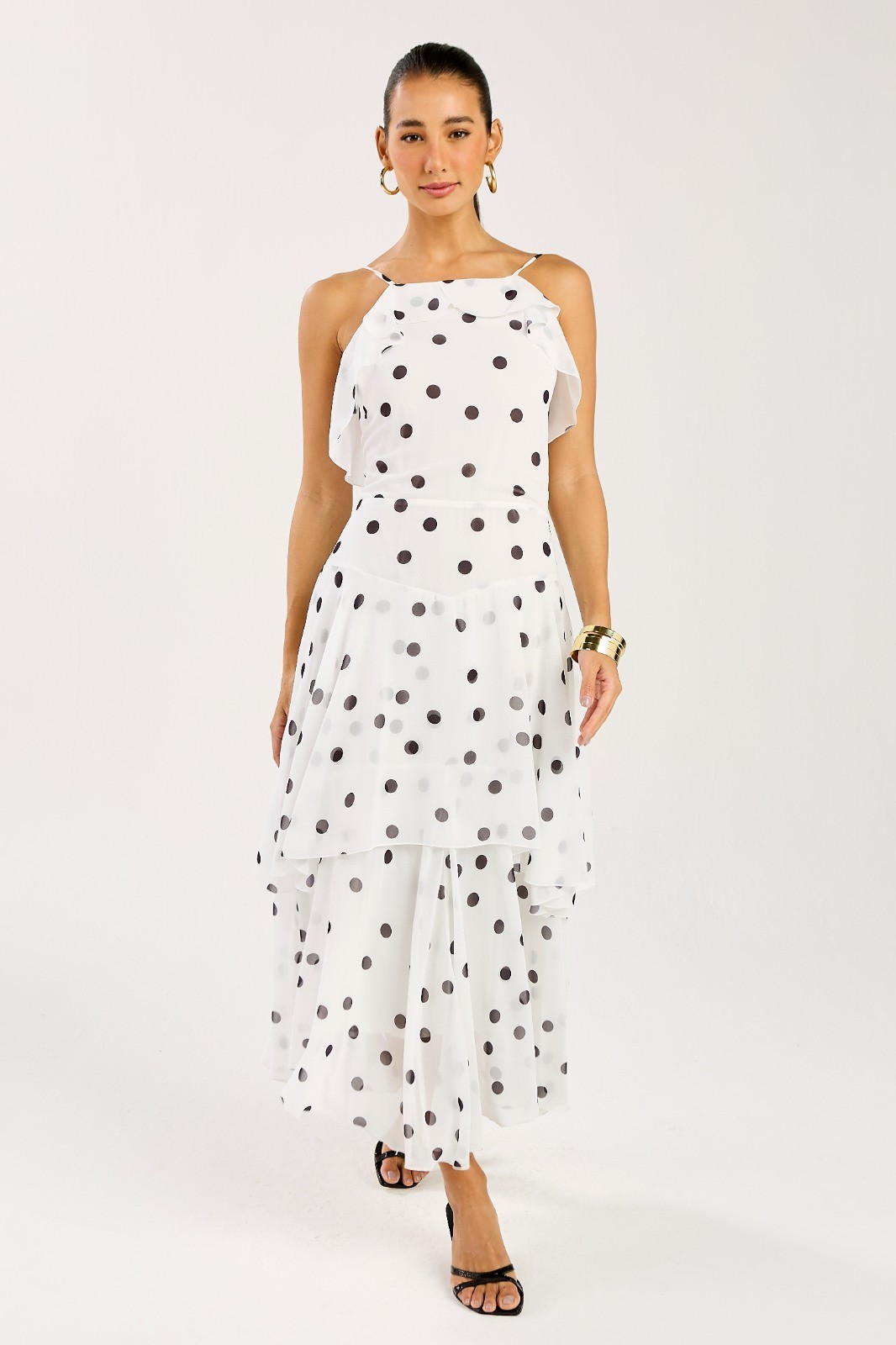 Vestido Midi Babados Estampa Poá Mavie