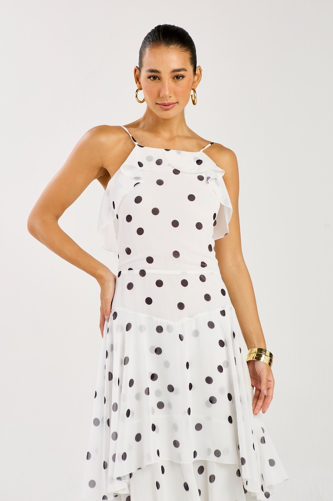 Vestido Midi Babados Estampa Poá Mavie