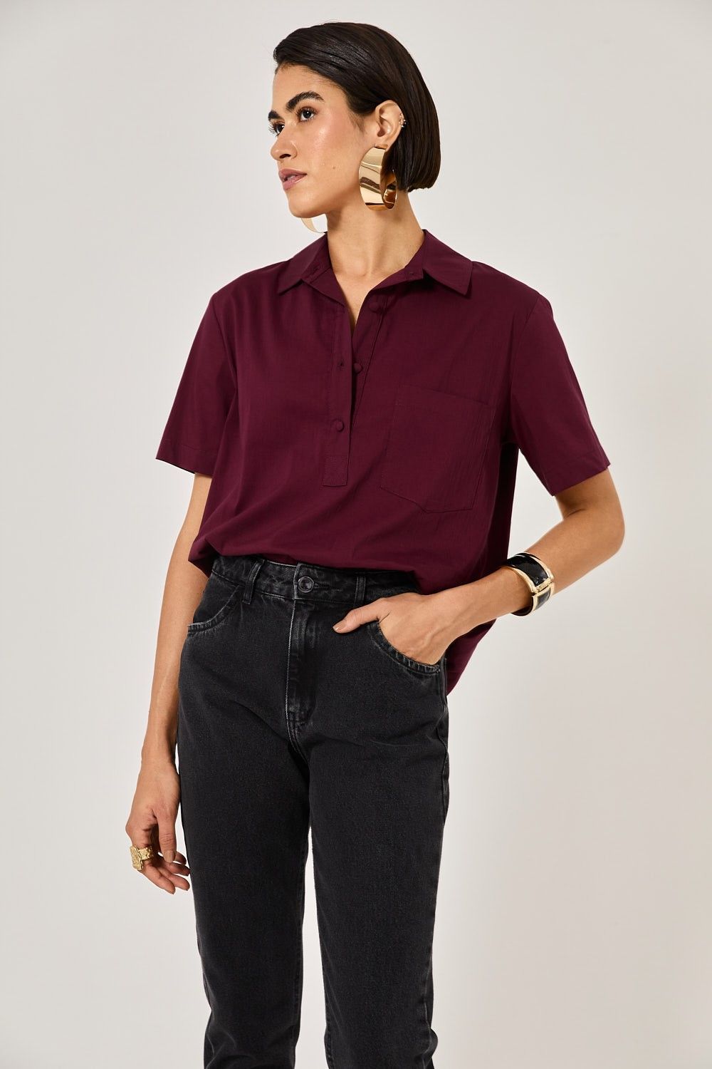 Camisa Feminina Manga Curta Tricoline Lily