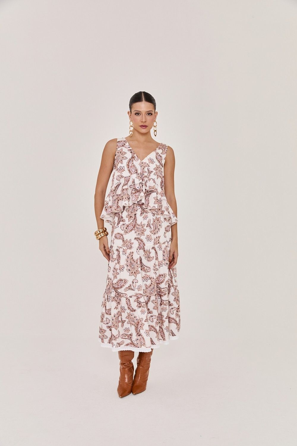 Saia Midi Detalhes Estampa Paisley