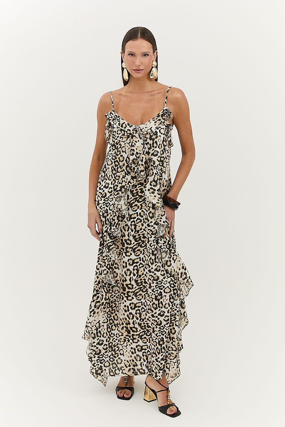 Vestido Midi Alças e Babados Animal Print