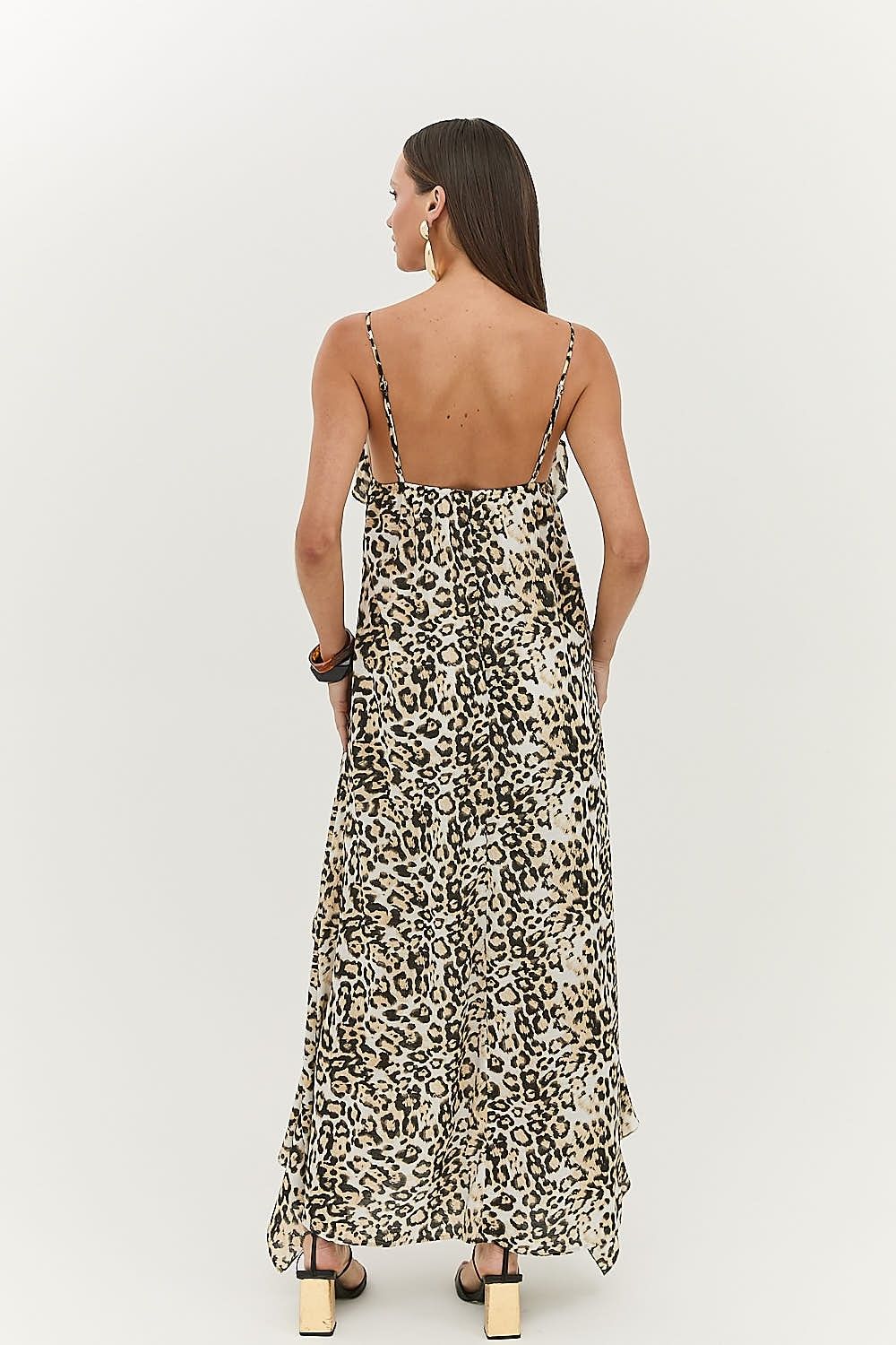 Vestido Midi Alças e Babados Animal Print