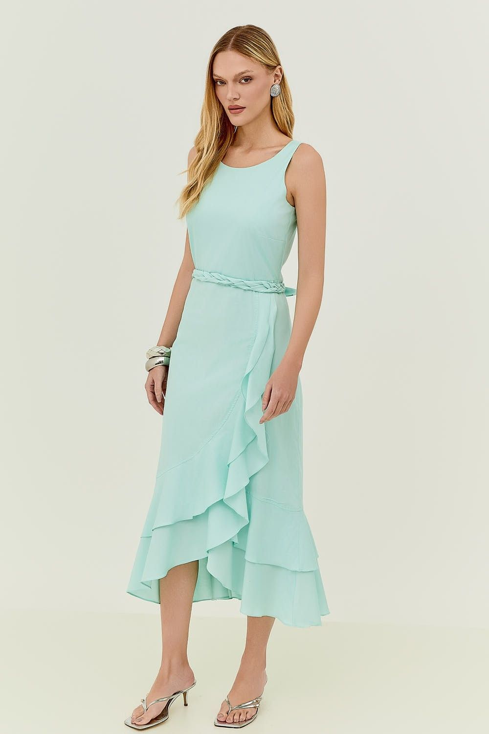 Vestido Midi Tricoline Fenda e Babados  Elizabeth