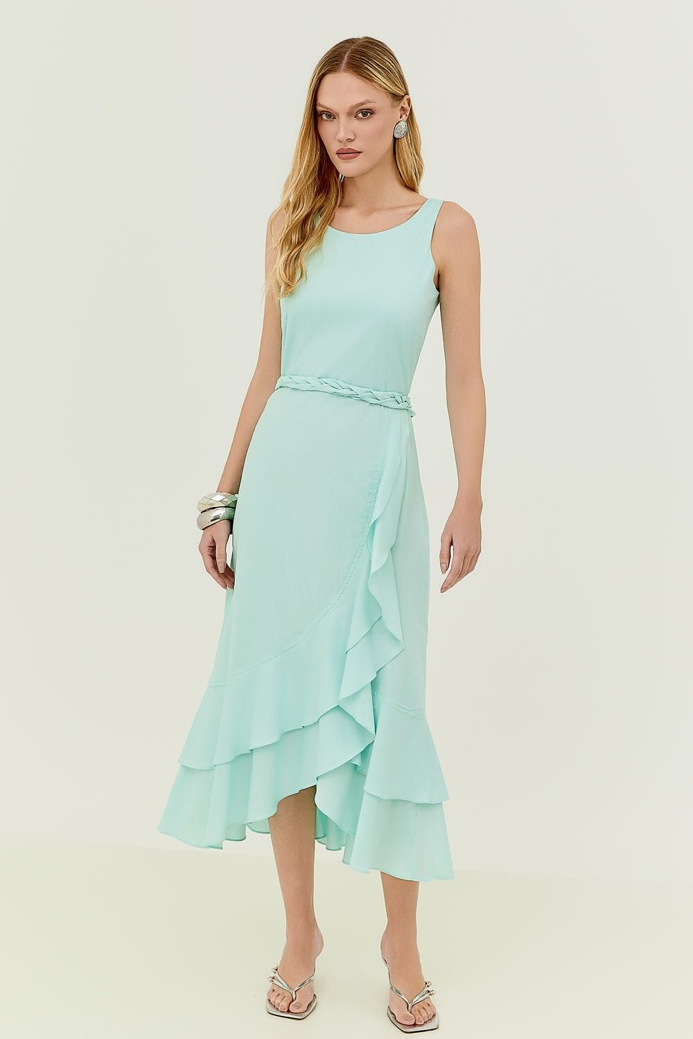 Vestido Midi Tricoline Fenda e Babados  Elizabeth