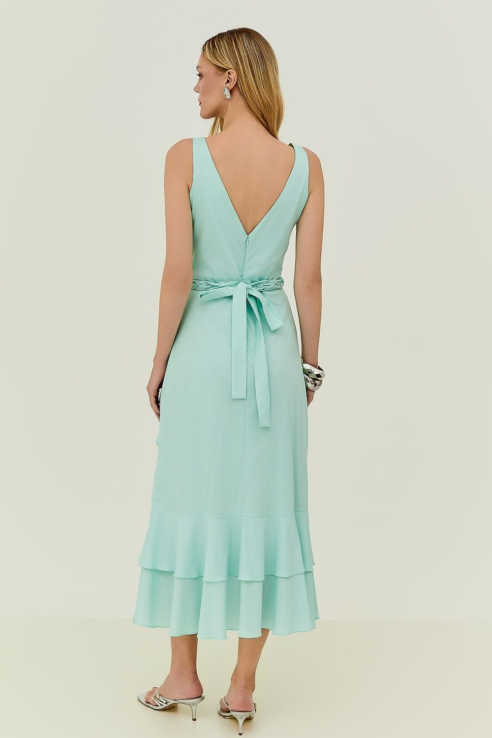 Vestido Midi Tricoline Fenda e Babados  Elizabeth