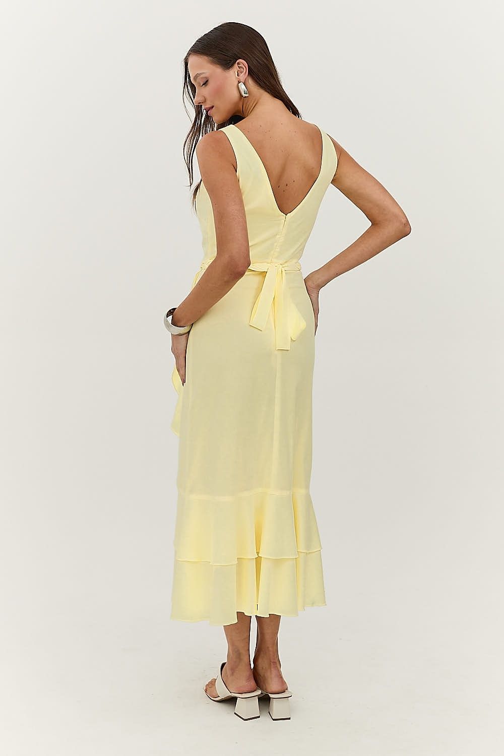 Vestido Midi Tricoline Fenda e Babados  Elizabeth