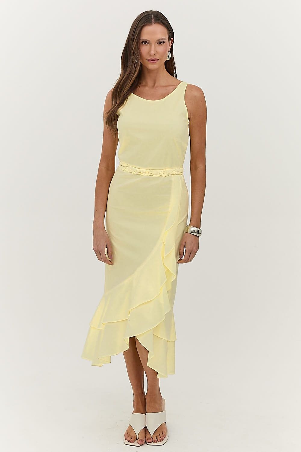 Vestido Midi Tricoline Fenda e Babados  Elizabeth