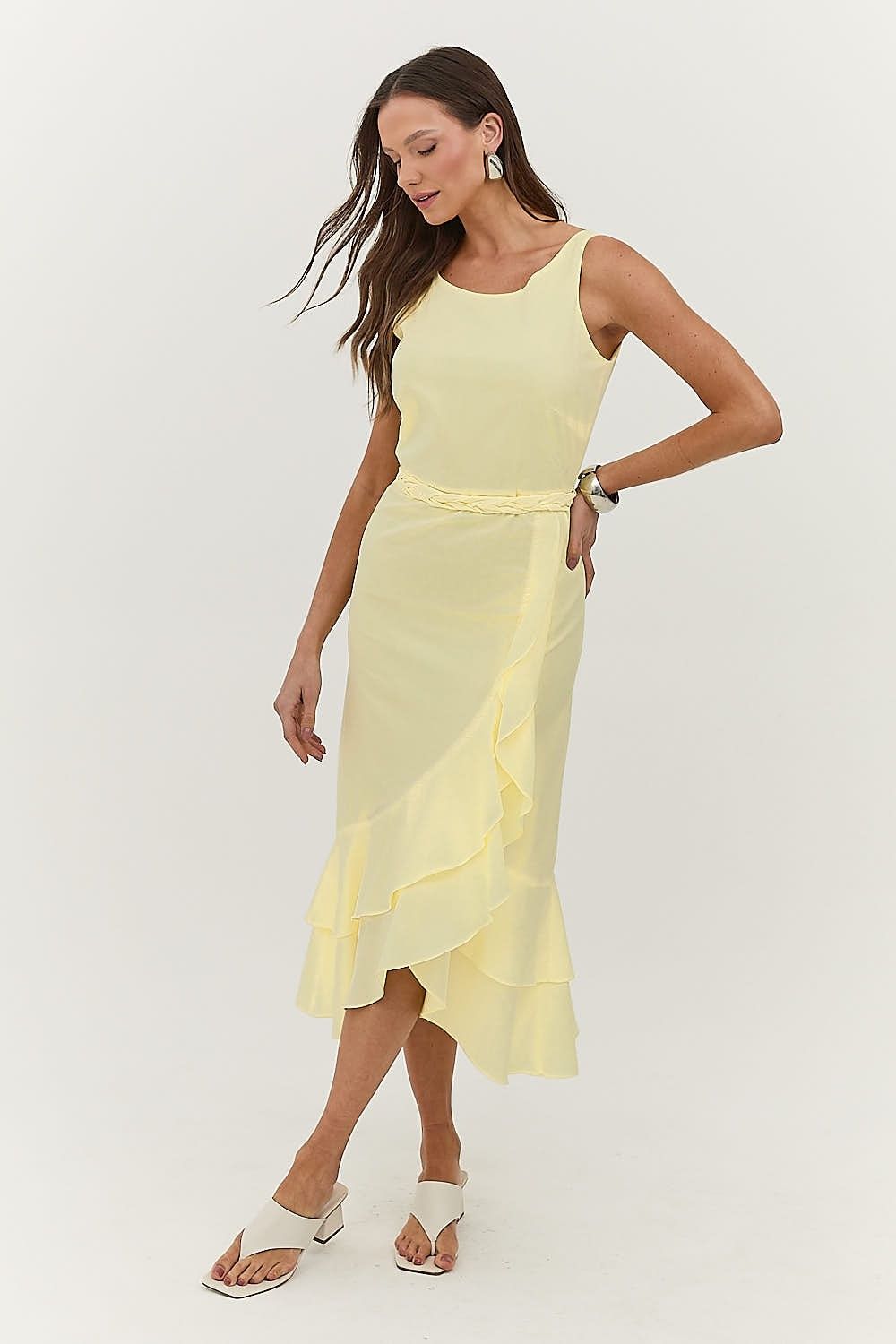 Vestido Midi Tricoline Fenda e Babados  Elizabeth