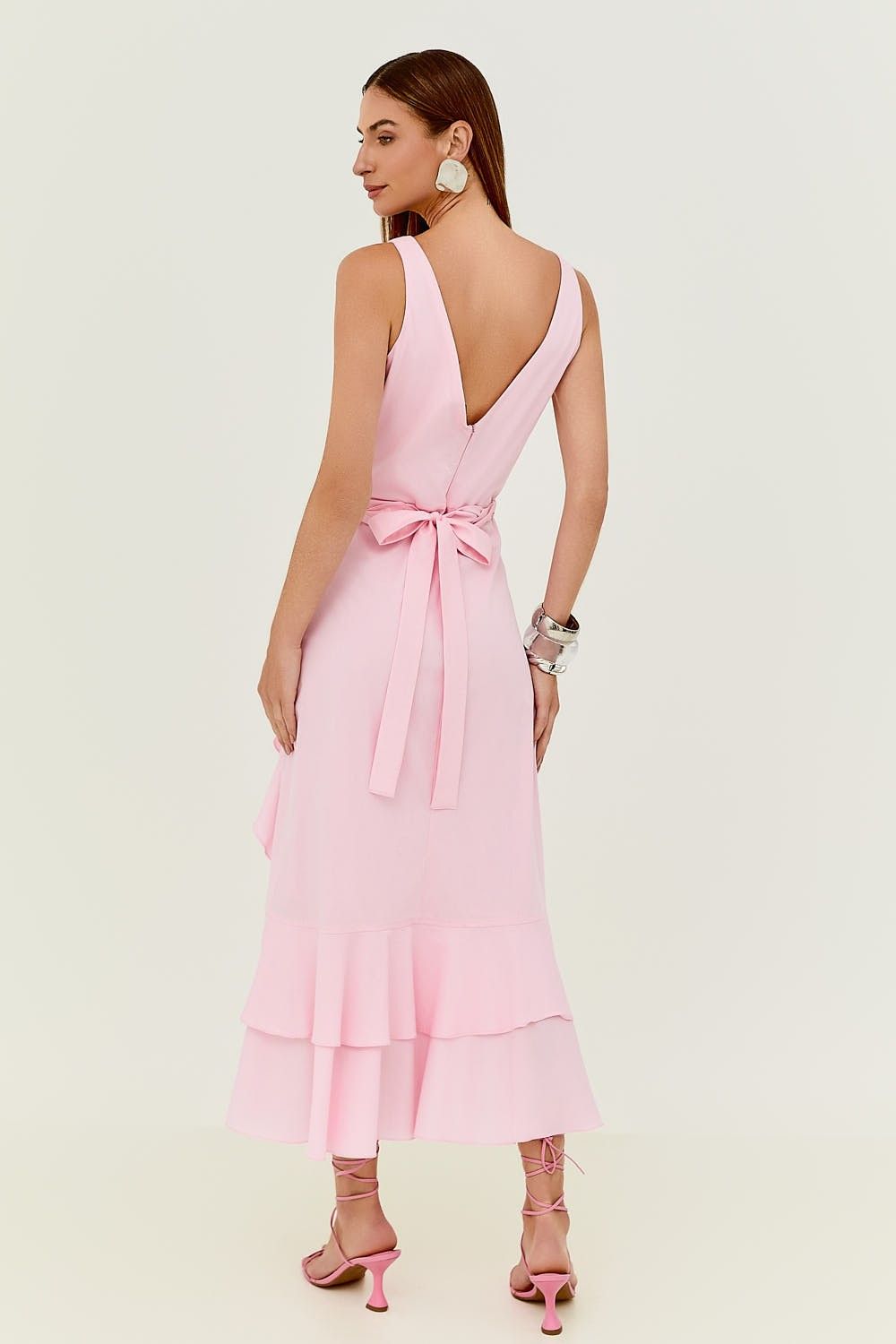 Vestido Midi Tricoline Fenda e Babados  Elizabeth