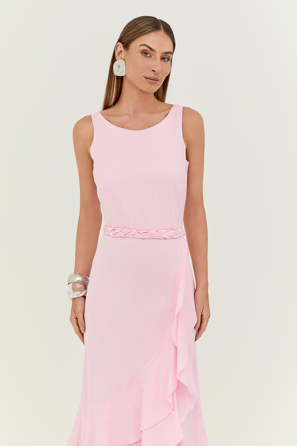 Vestido Midi Tricoline Fenda e Babados  Elizabeth