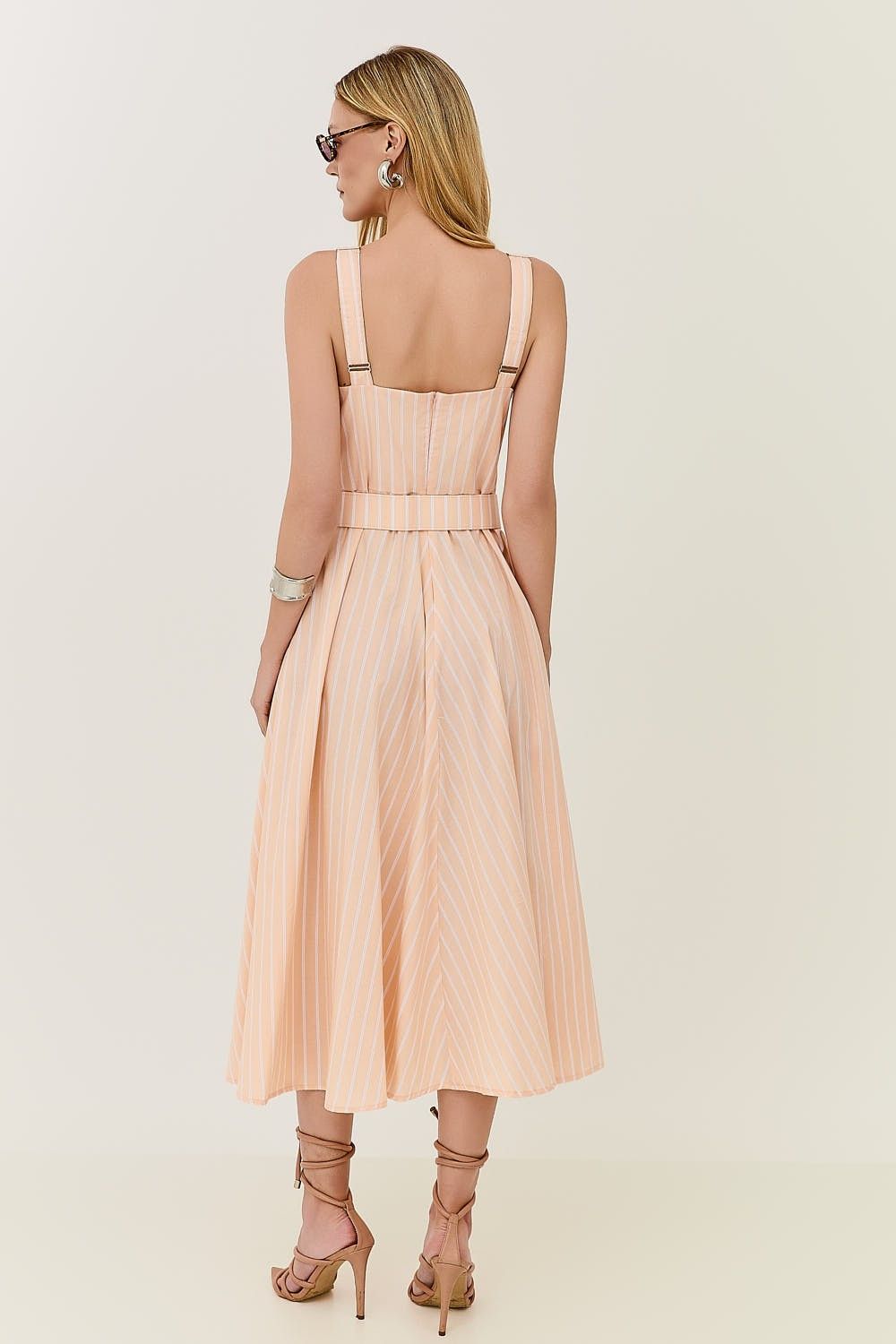 Vestido Midi Estampa Listras com Cinto Malu 