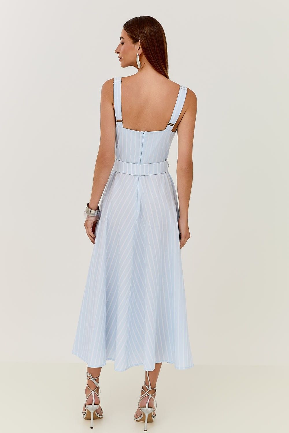 Vestido Midi Estampa Listras com Cinto Malu 