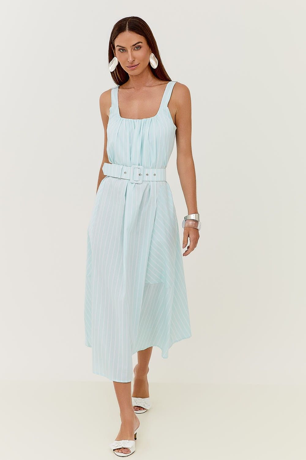 Vestido Midi Estampa Listras com Cinto Malu 