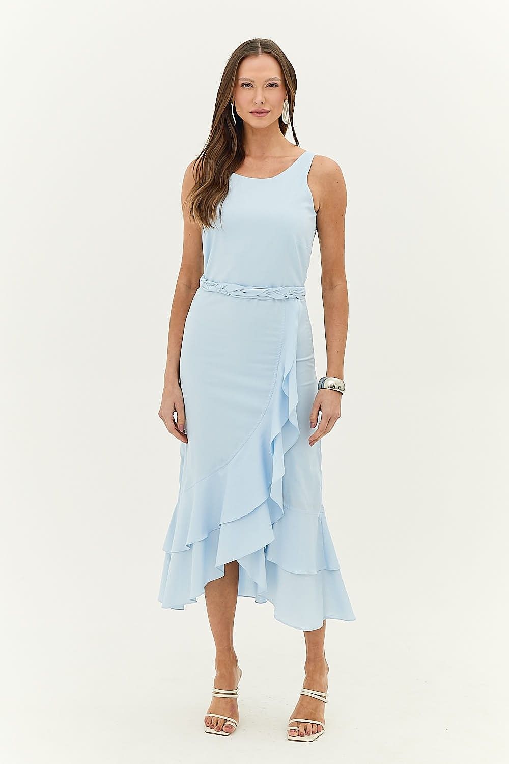 Vestido Midi Tricoline Fenda e Babados  Elizabeth
