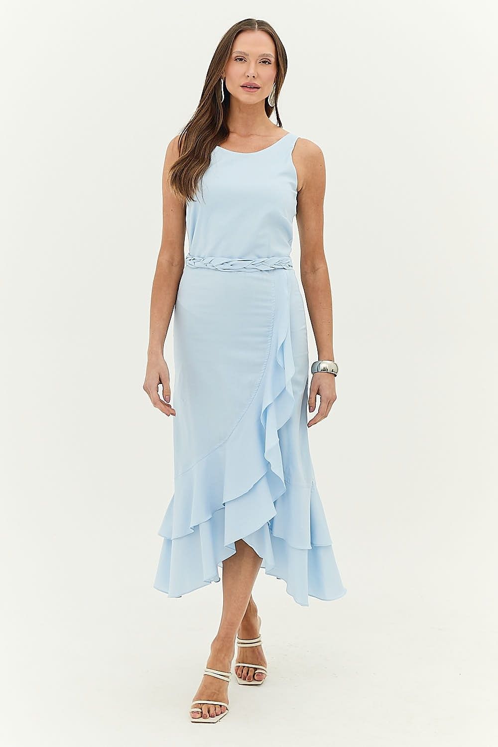 Vestido Midi Tricoline Fenda e Babados  Elizabeth