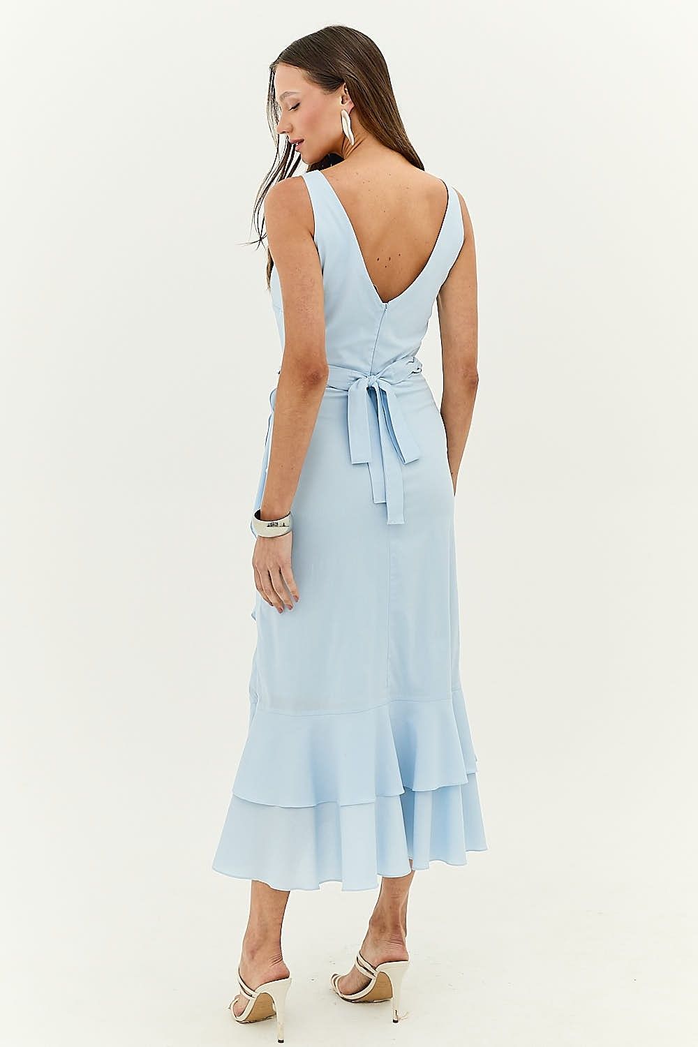 Vestido Midi Tricoline Fenda e Babados  Elizabeth