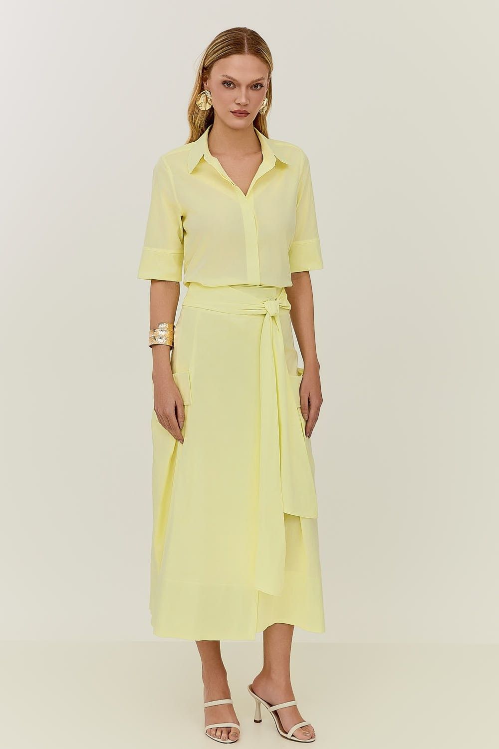 Saia Midi Com Faixa e Bolsos Tricoline Andreia 
