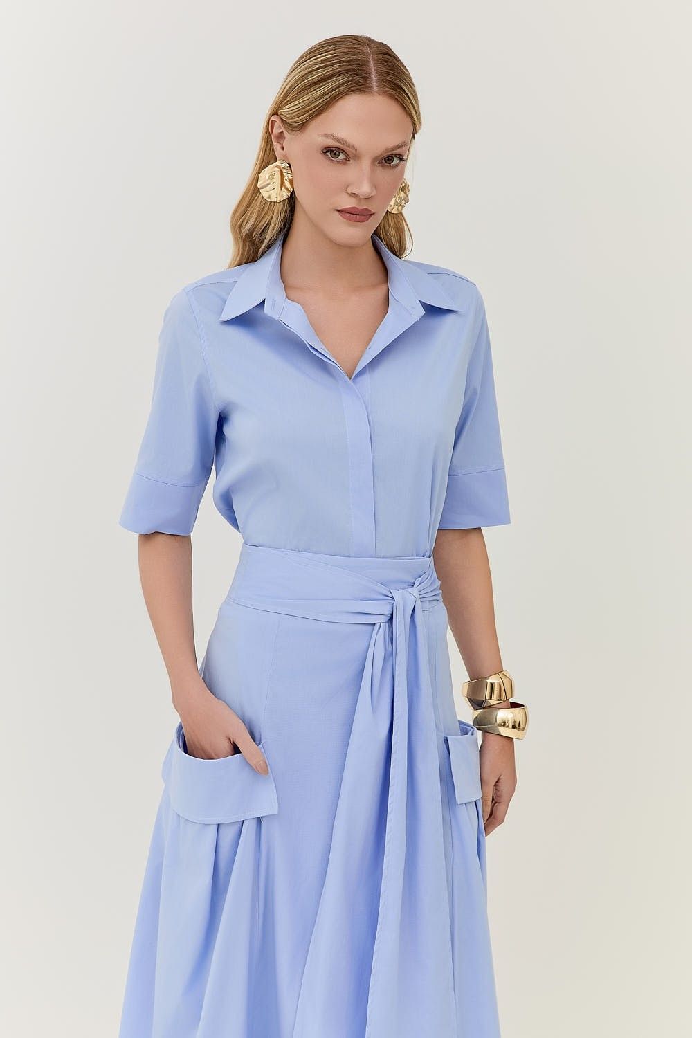 Saia Midi Com Faixa e Bolsos Tricoline Andreia 