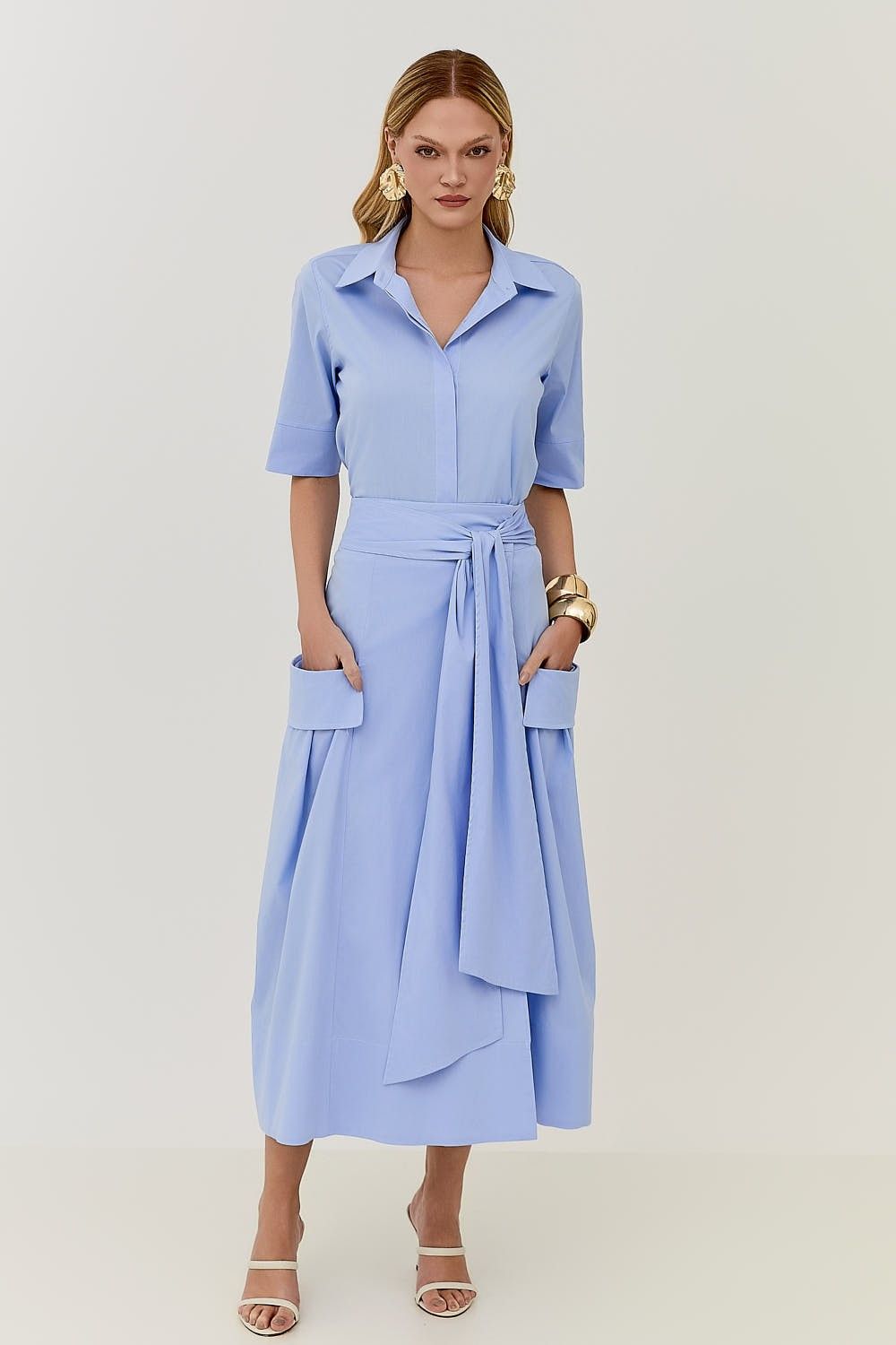 Saia Midi Com Faixa e Bolsos Tricoline Andreia 