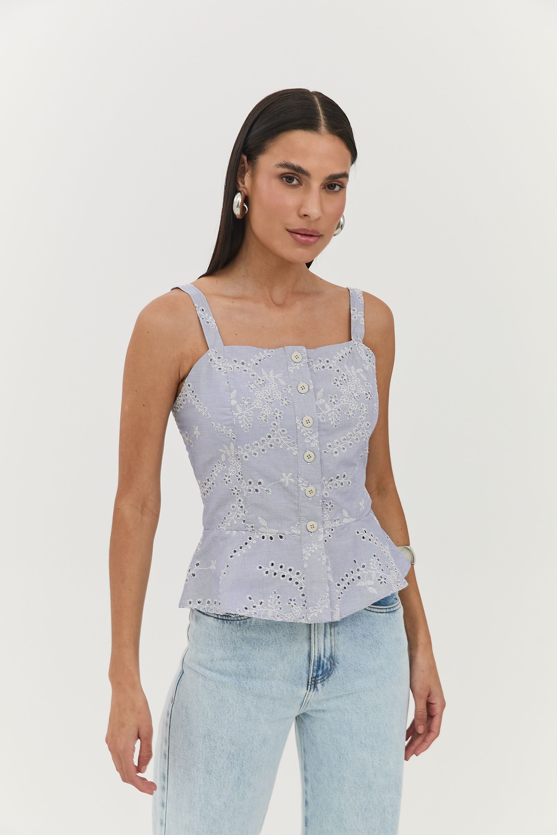 Blusa Feminina Bordado Alças e Botões Flora