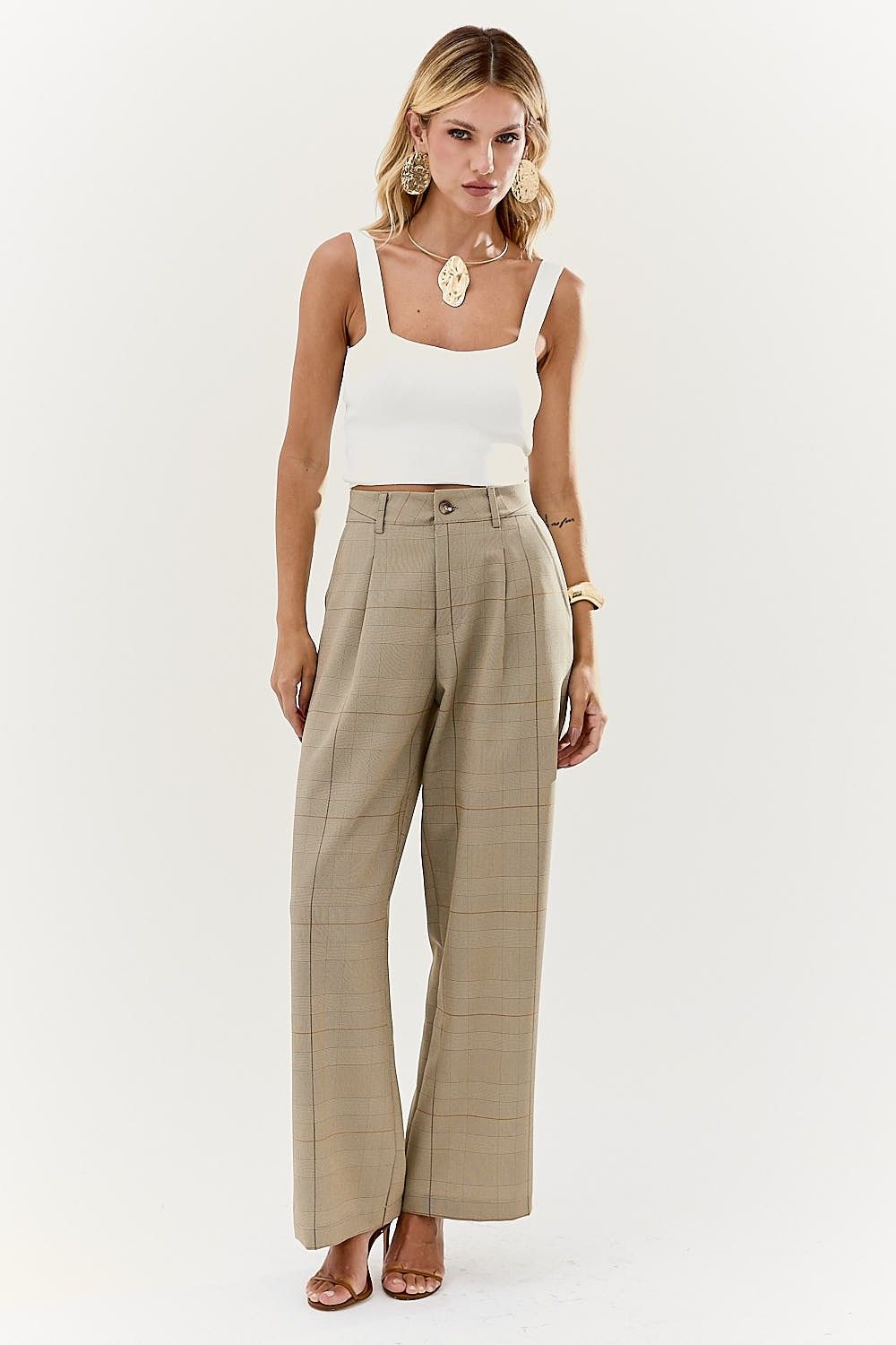 Calça Feminina com Pregas Xadrez Soho