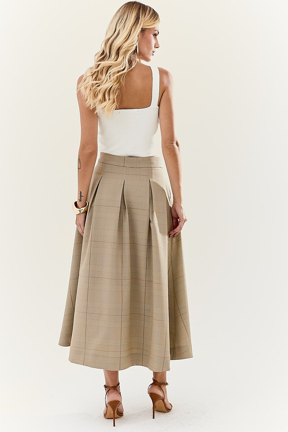 Saia Midi com Pregas Xadrez Soho