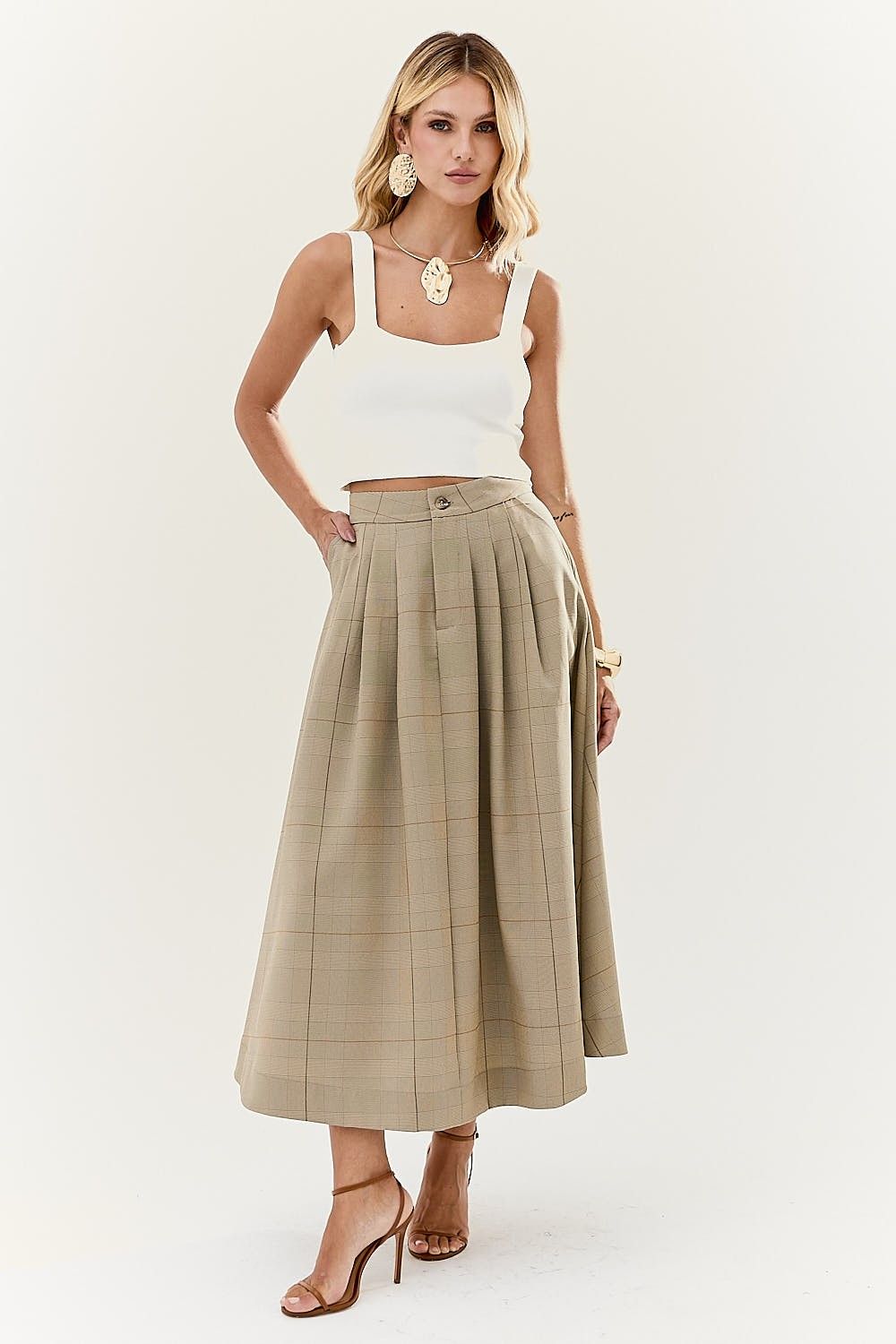 Saia Midi com Pregas Xadrez Soho