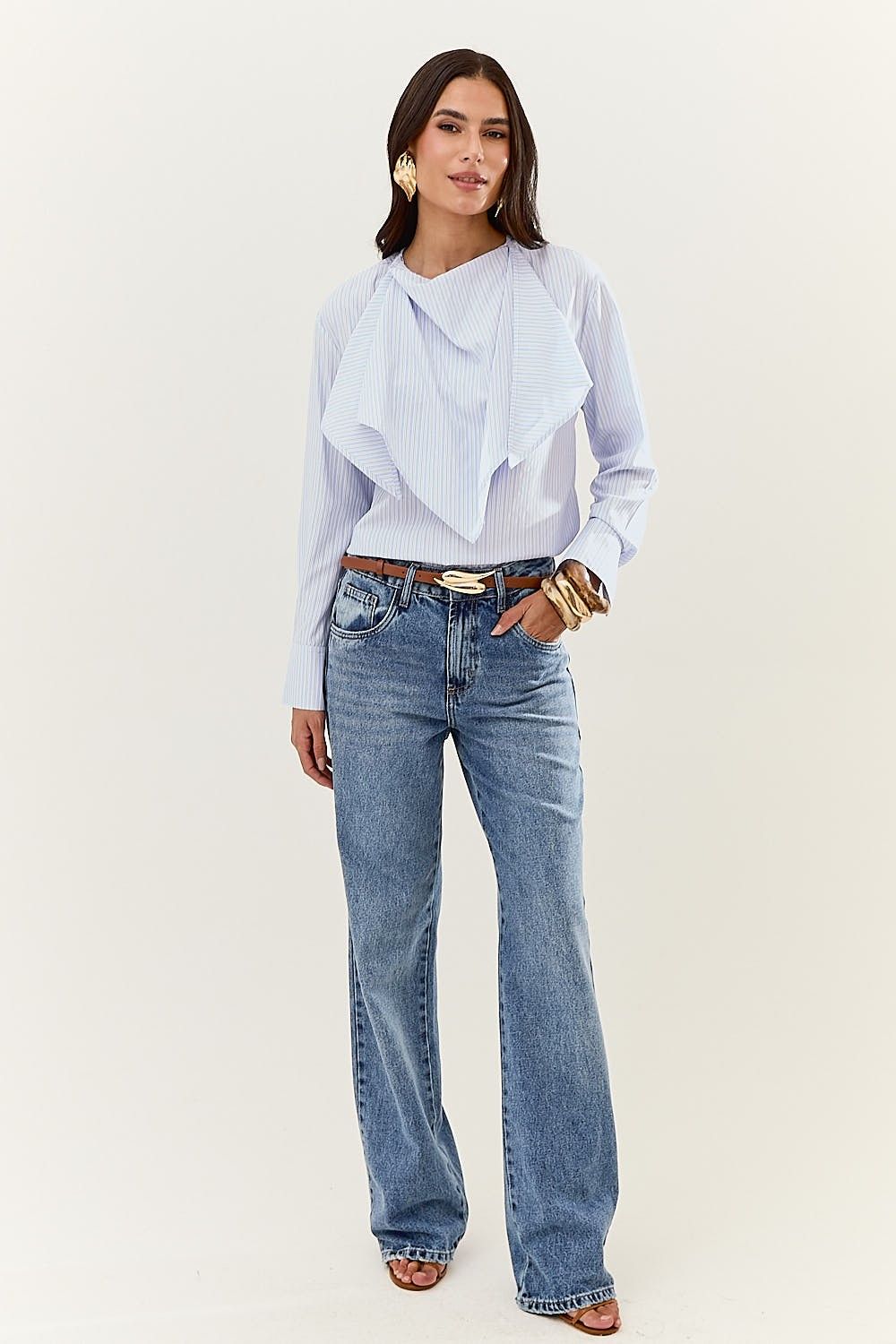 Camisa Feminina Listrada com Lenço Removível Lara