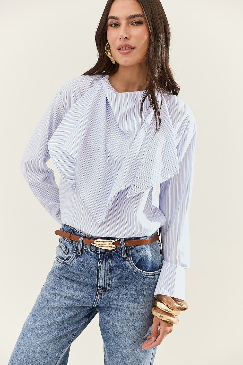 Camisa Feminina Listrada com Lenço Removível Lara
