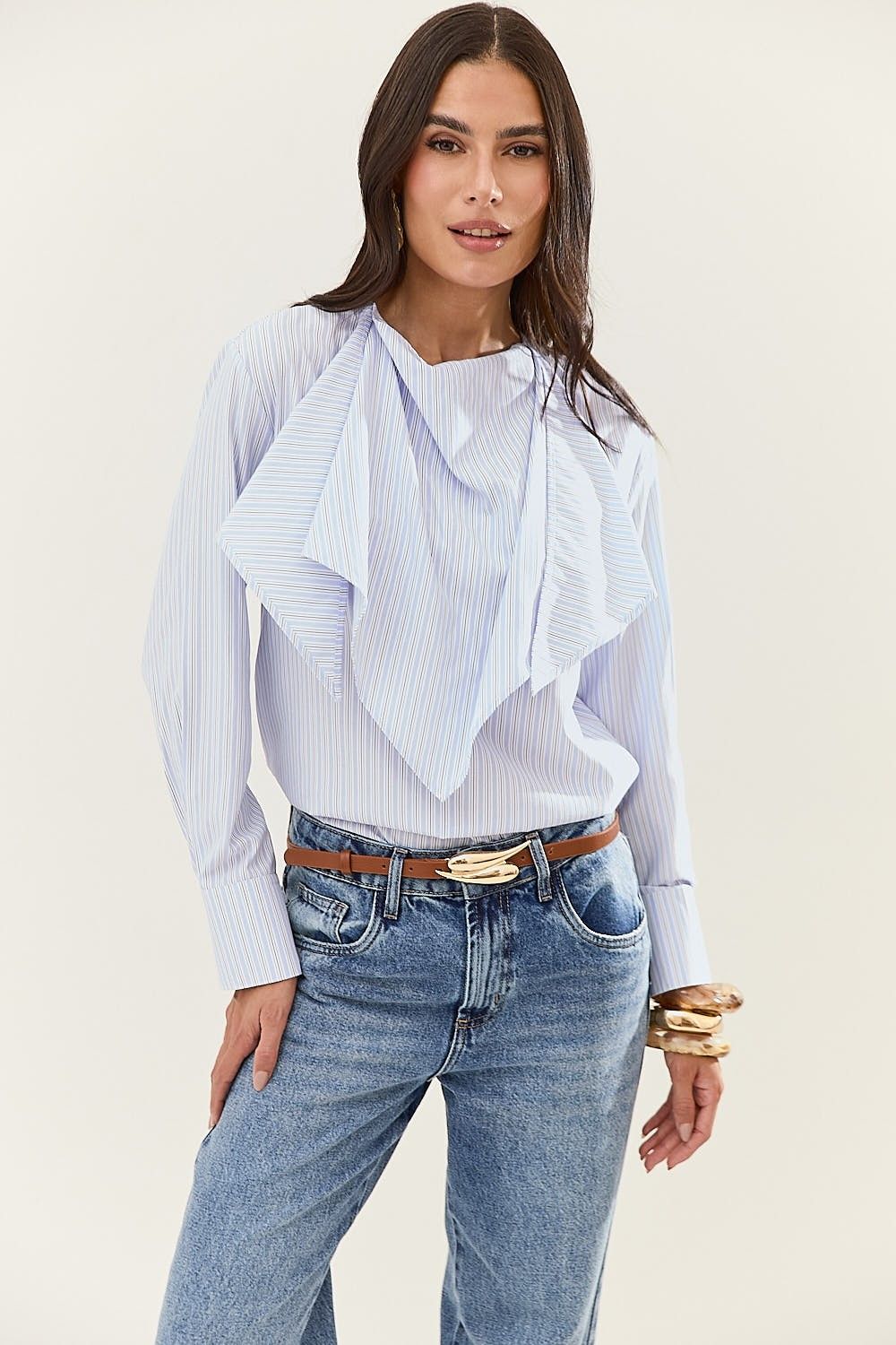 Camisa Feminina Listrada com Lenço Removível Lara
