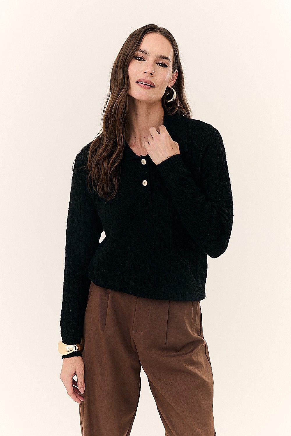 Tricot Texturizado Manga Longa e Gola Polo Jennifer