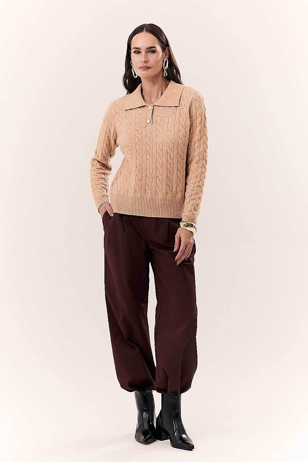 Tricot Texturizado Manga Longa e Gola Polo Jennifer