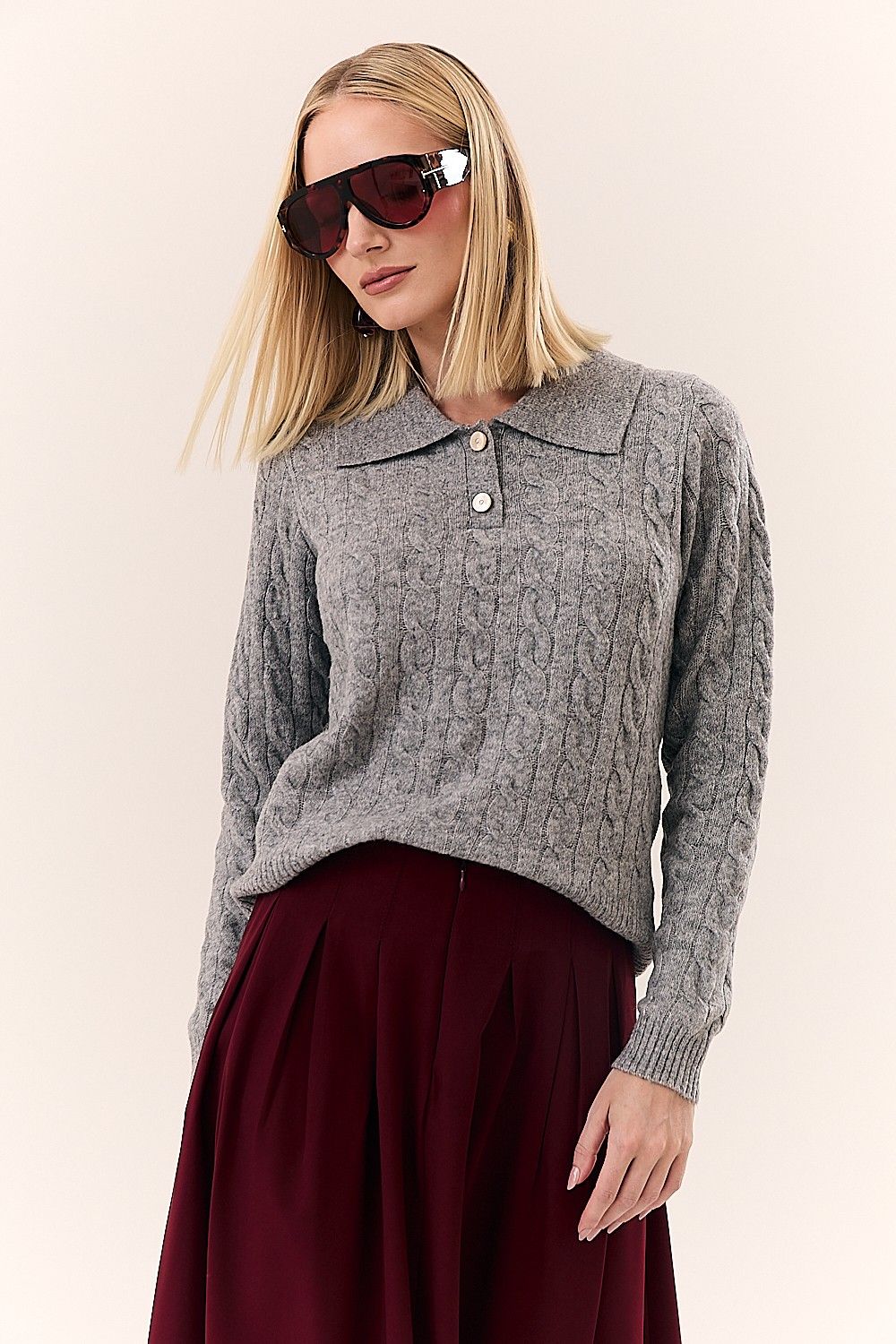 Tricot Texturizado Manga Longa e Gola Polo Jennifer