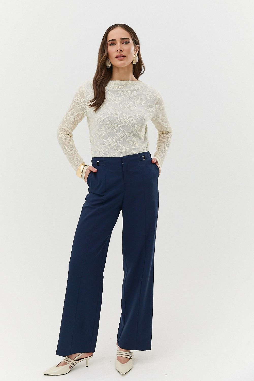 Calça Pantalona Feminina Friso e Detalhe Cós Simone