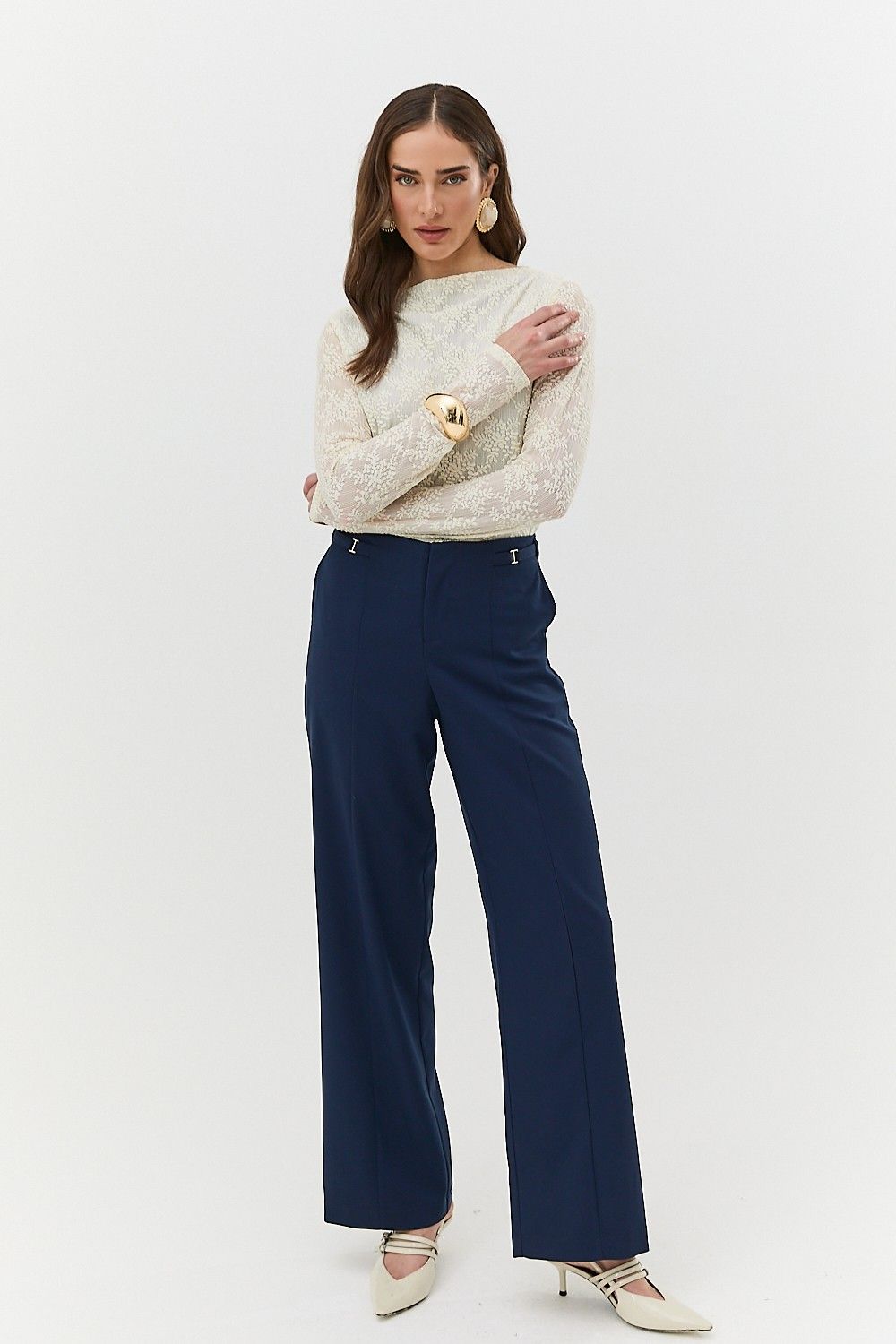 Calça Pantalona Feminina Friso e Detalhe Cós Simone